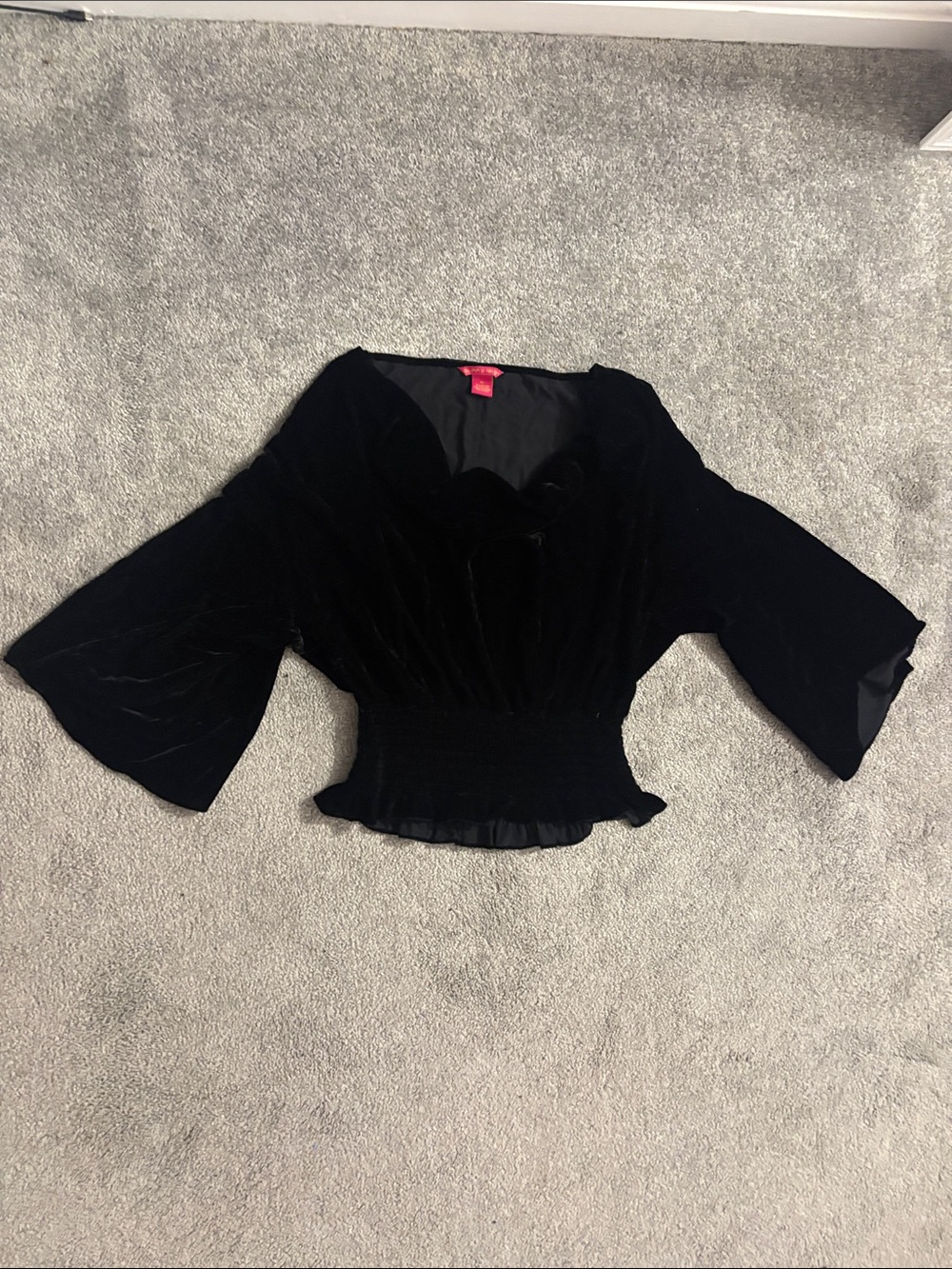 Sunny Leigh Black Velvet Peplum Blouse with Bell Sleeves